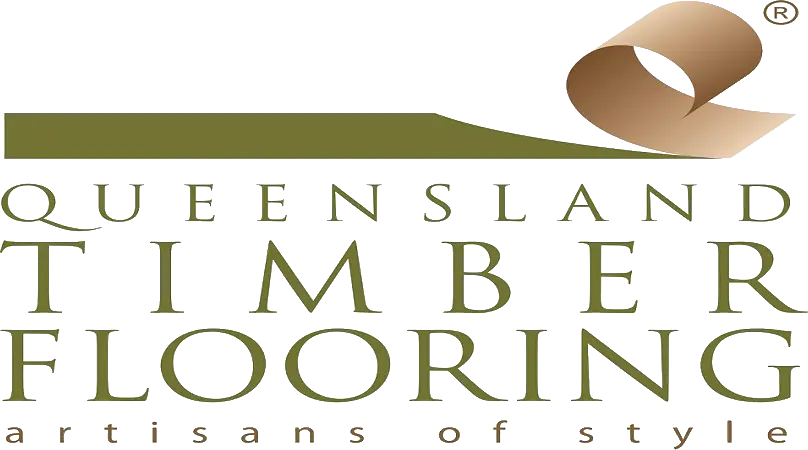 Logo for Queensland Timber Flooring featuring a stylised rolled wood design above the company name in green and brown text, with the tagline artisans of style below.
