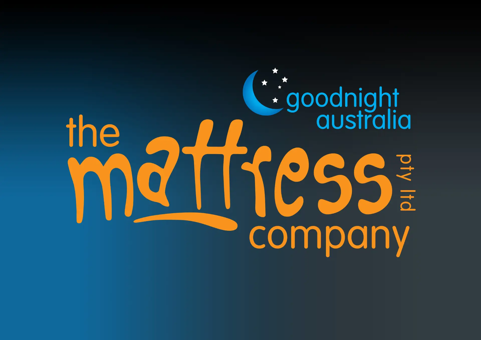 Logo with a blue crescent moon and stars, and text reading goodnight australia above the mattress company pty ltd written in large, playful orange and white letters on a blue and black gradient background.