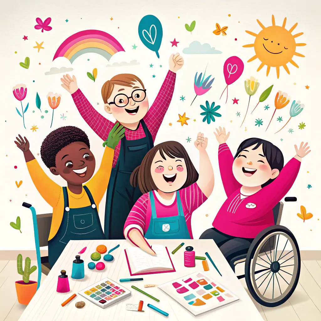 Four diverse children, including one in a wheelchair, smile and raise their arms joyfully around a craft table with art supplies. The colourful background features a rainbow, sun, flowers, and hearts.