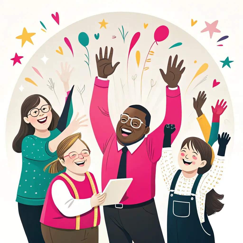 A diverse group of joyful children and an adult celebrate together, smiling, raising their hands, and surrounded by colourful decorative confetti, stars, and balloons. One child holds a tablet.