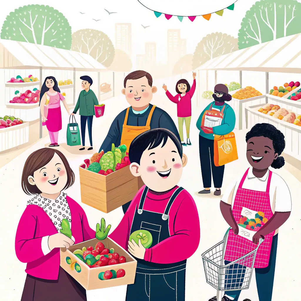 A diverse group of people shops at an outdoor farmers' market, smiling and carrying baskets of fresh fruit and vegetables, with colourful stalls and trees lining the background.