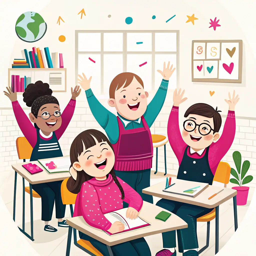 Four cheerful children sit at their desks in a bright classroom, raising their hands and smiling excitedly. Colourful books, art supplies, and decorations fill the room, creating a lively and welcoming atmosphere.