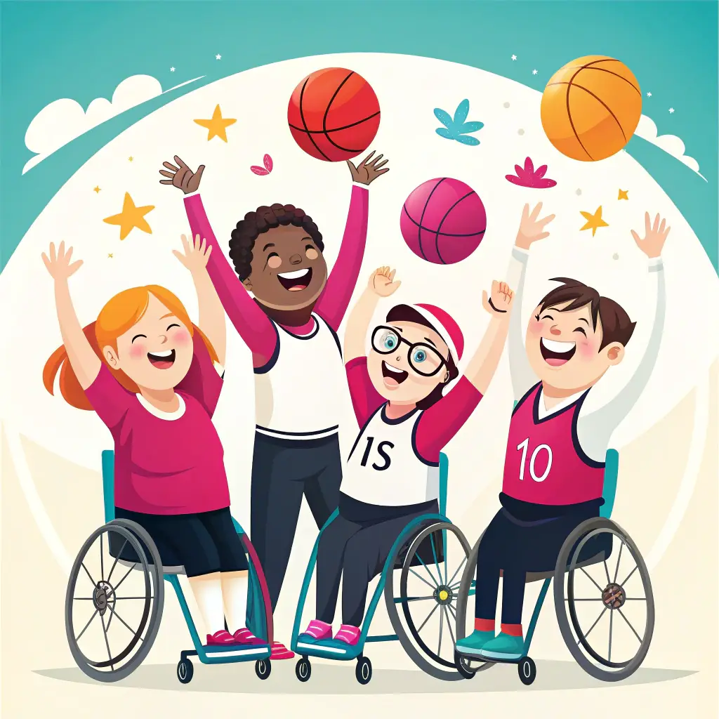 Four diverse children in wheelchairs celebrate joyfully, tossing basketballs in the air. They wear sports jerseys and smile under a bright, cheerful sky with stars, hearts, and flowers in the background.